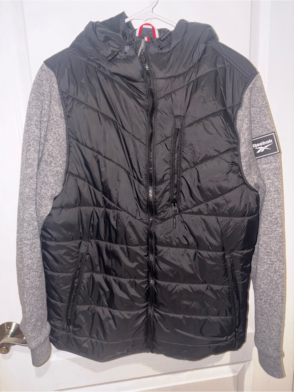 Reebok Black Quilted Hooded Jacket with Gray Sleeves